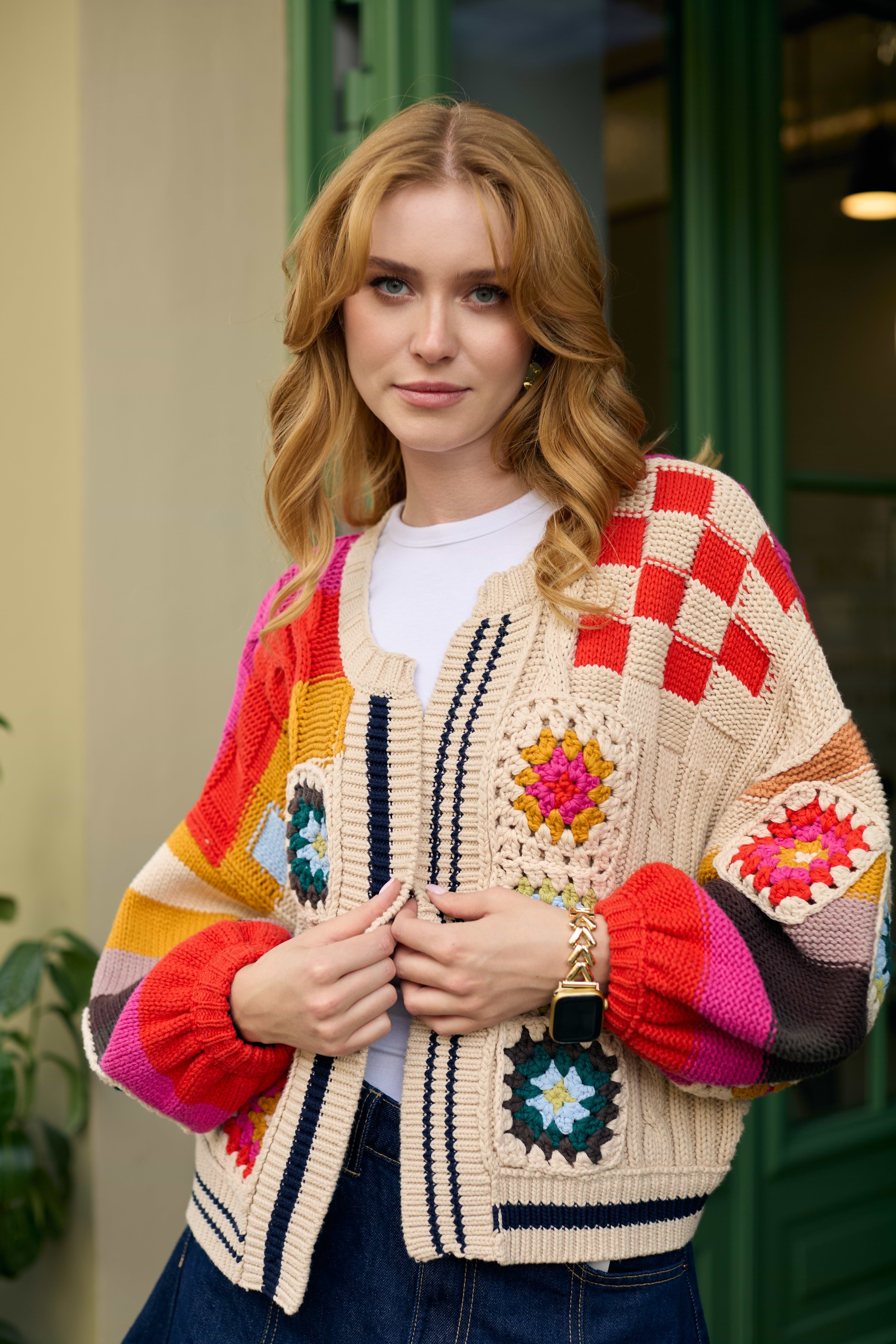 Square Checkered Multi Pattern Cardigan | SAACHI