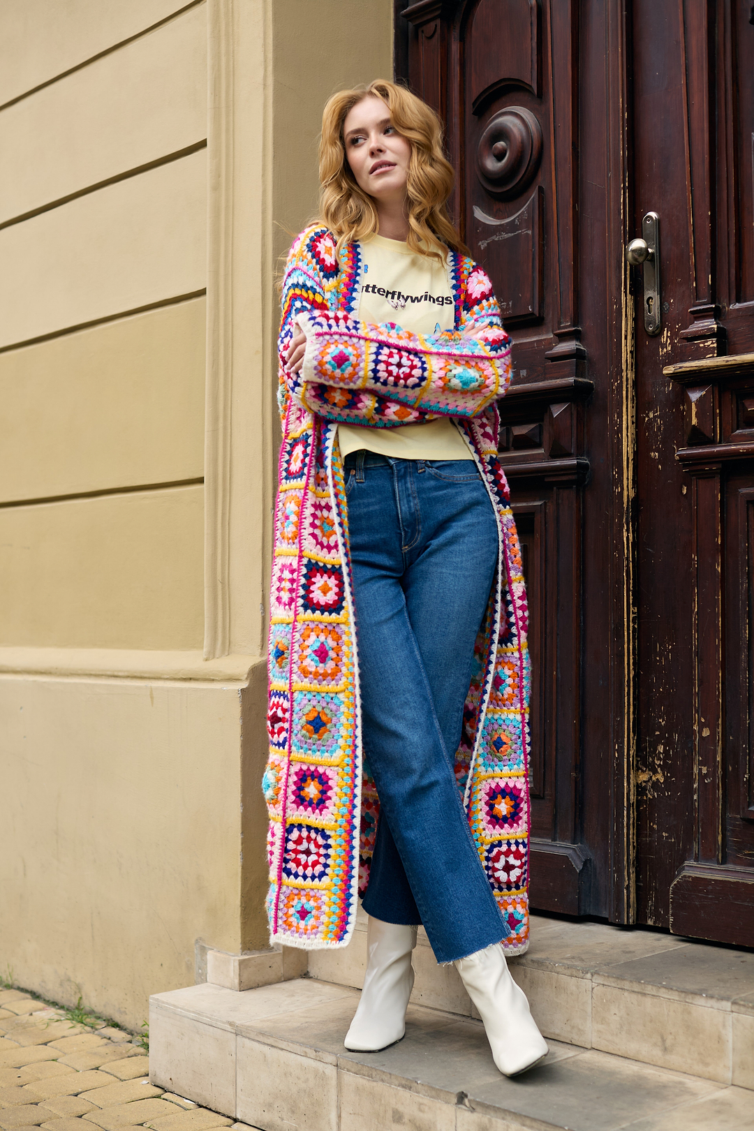 Crochet Multicolored Square Kimono - Ivory