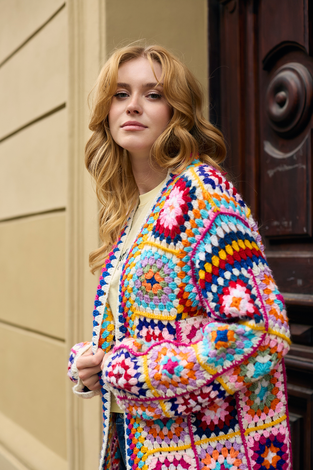 Crochet Multicolored Square Kimono - Ivory