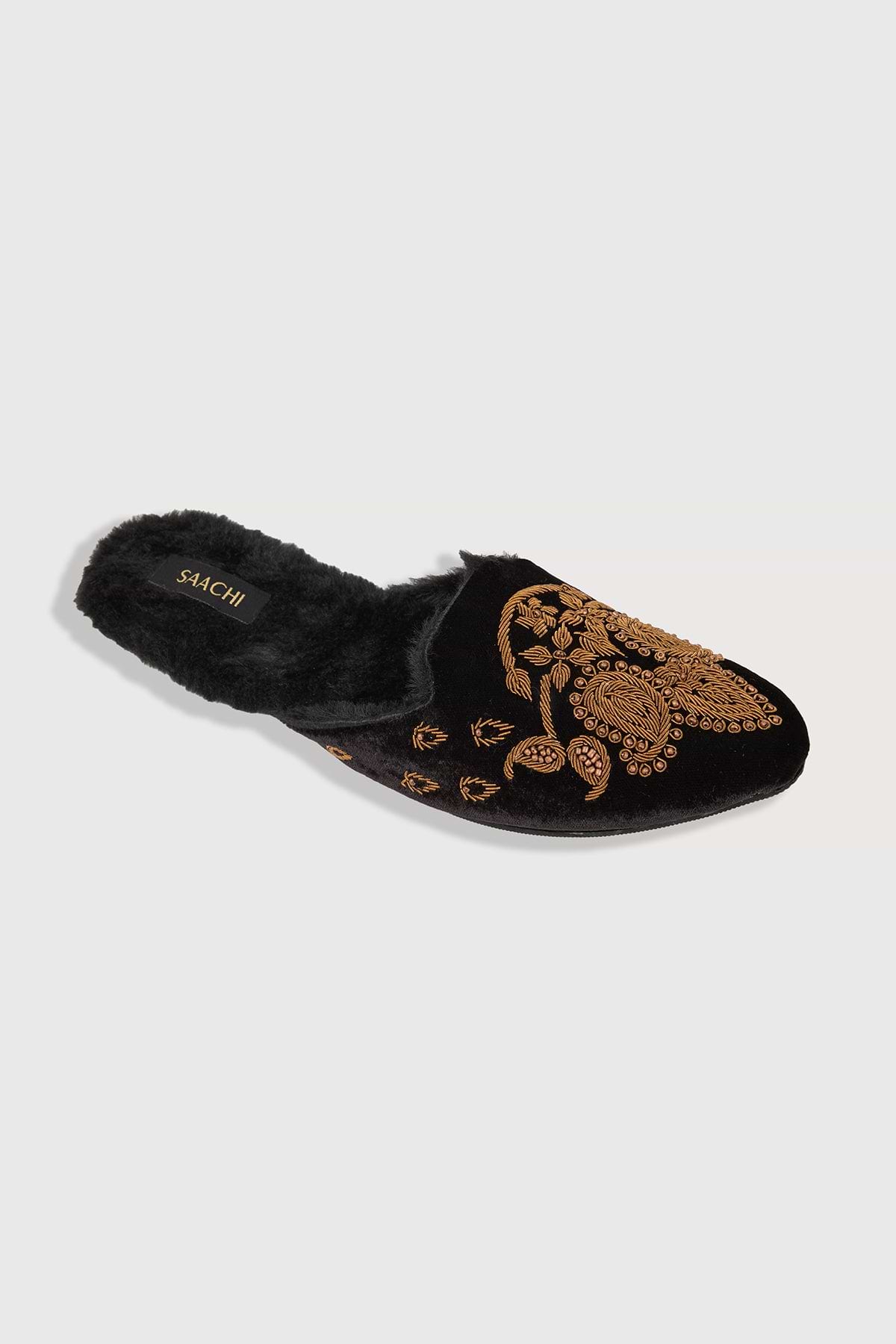 Golden Paisley Fur Mules - Black