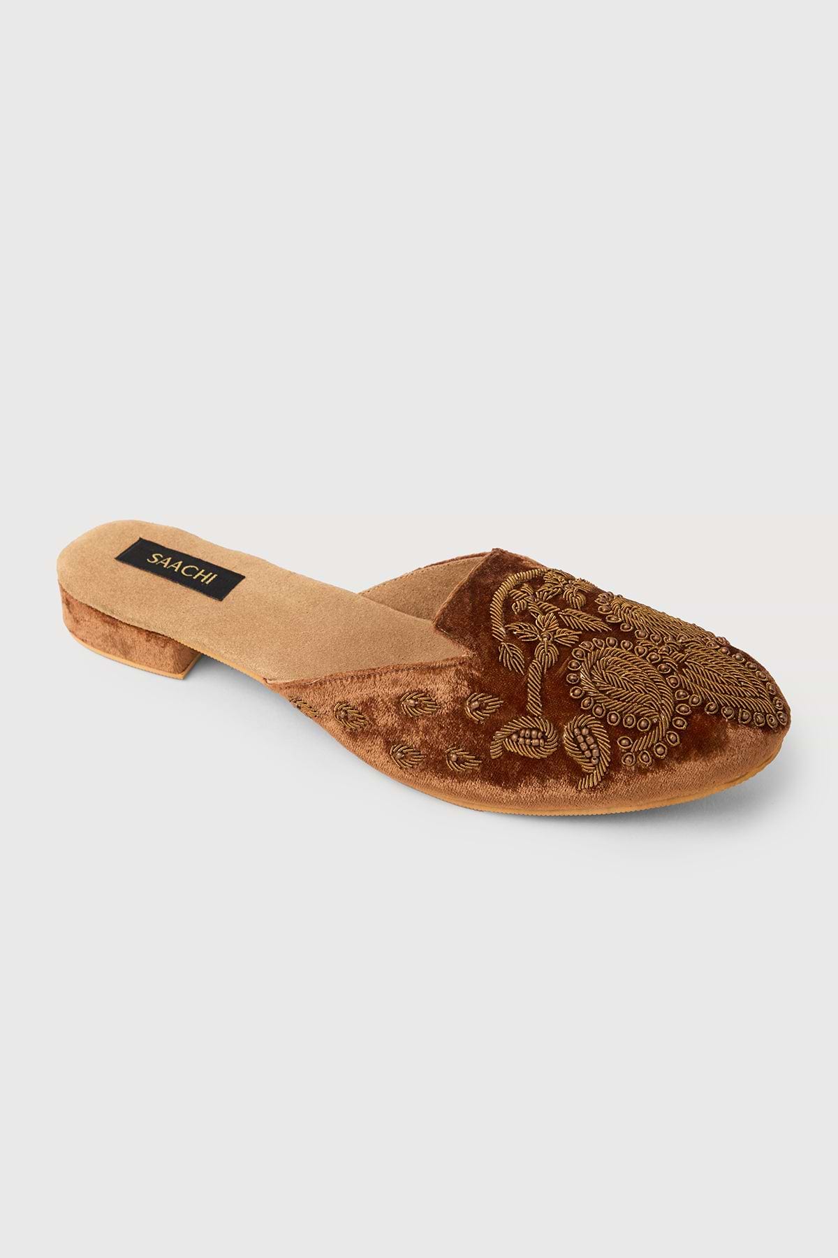 Bronze Embroidered Velvet Mules - Brown