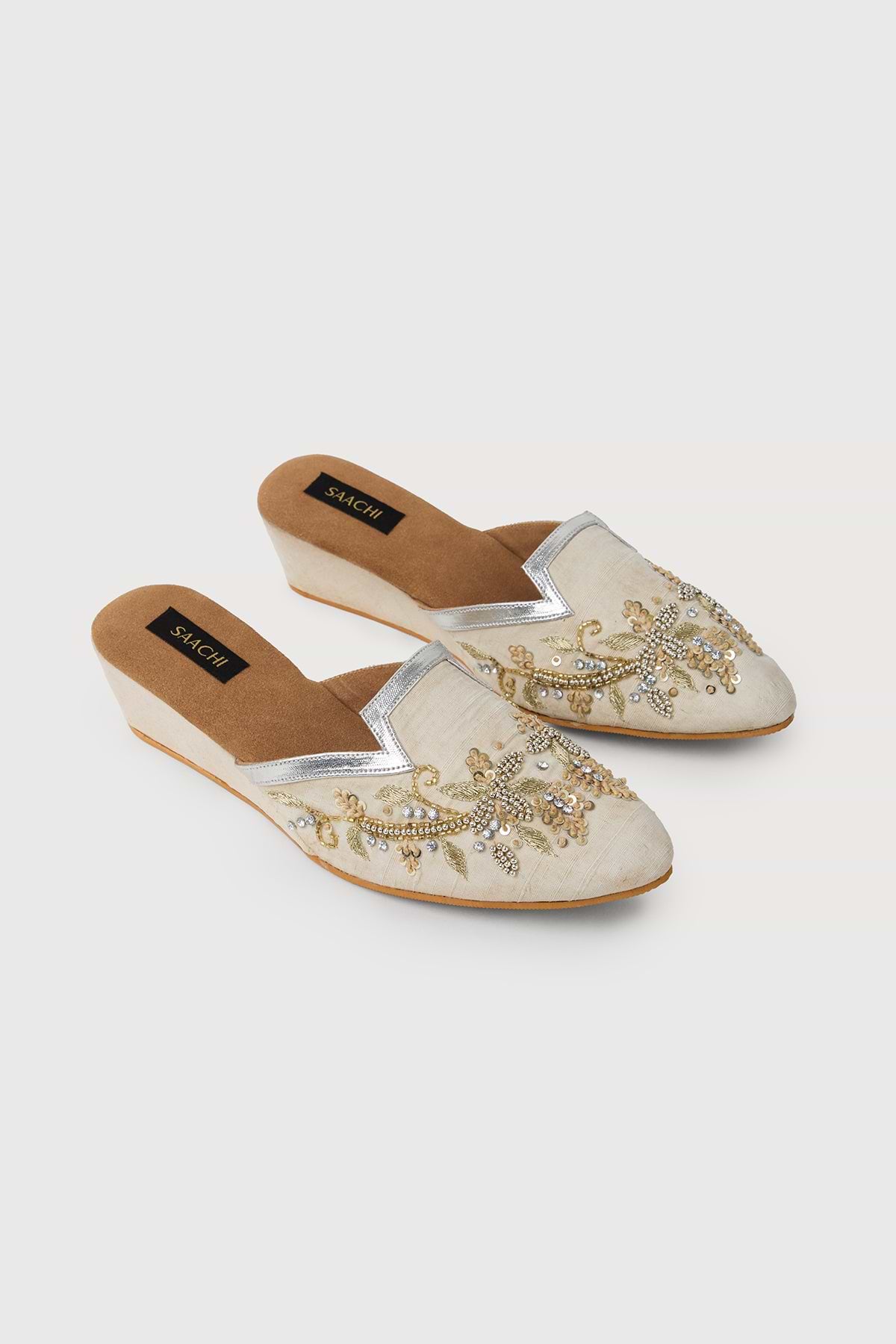 Floral Embellished Trim Mules - ivory