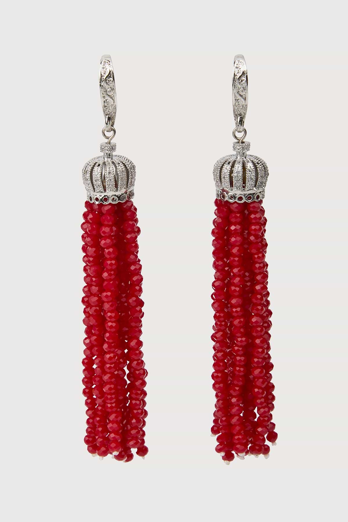 Crown Tassel Drop Earrings - Red