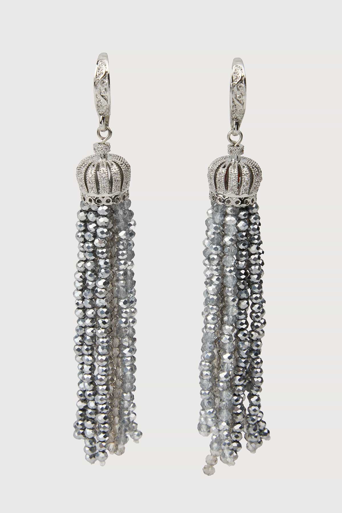 Crown Tassel Drop Earrings - Silver