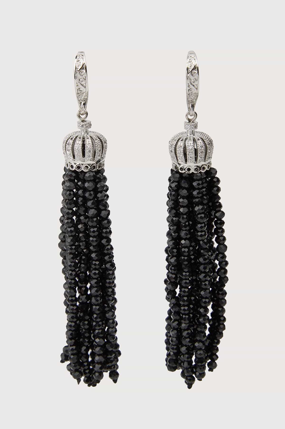 Crown Tassel Drop Earrings - Black