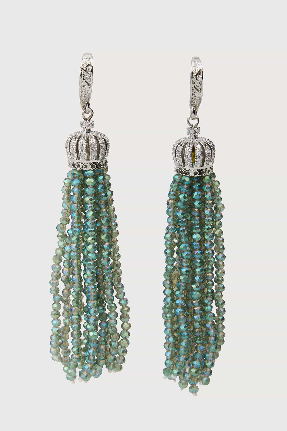 Crown Tassel Drop Earrings - Green