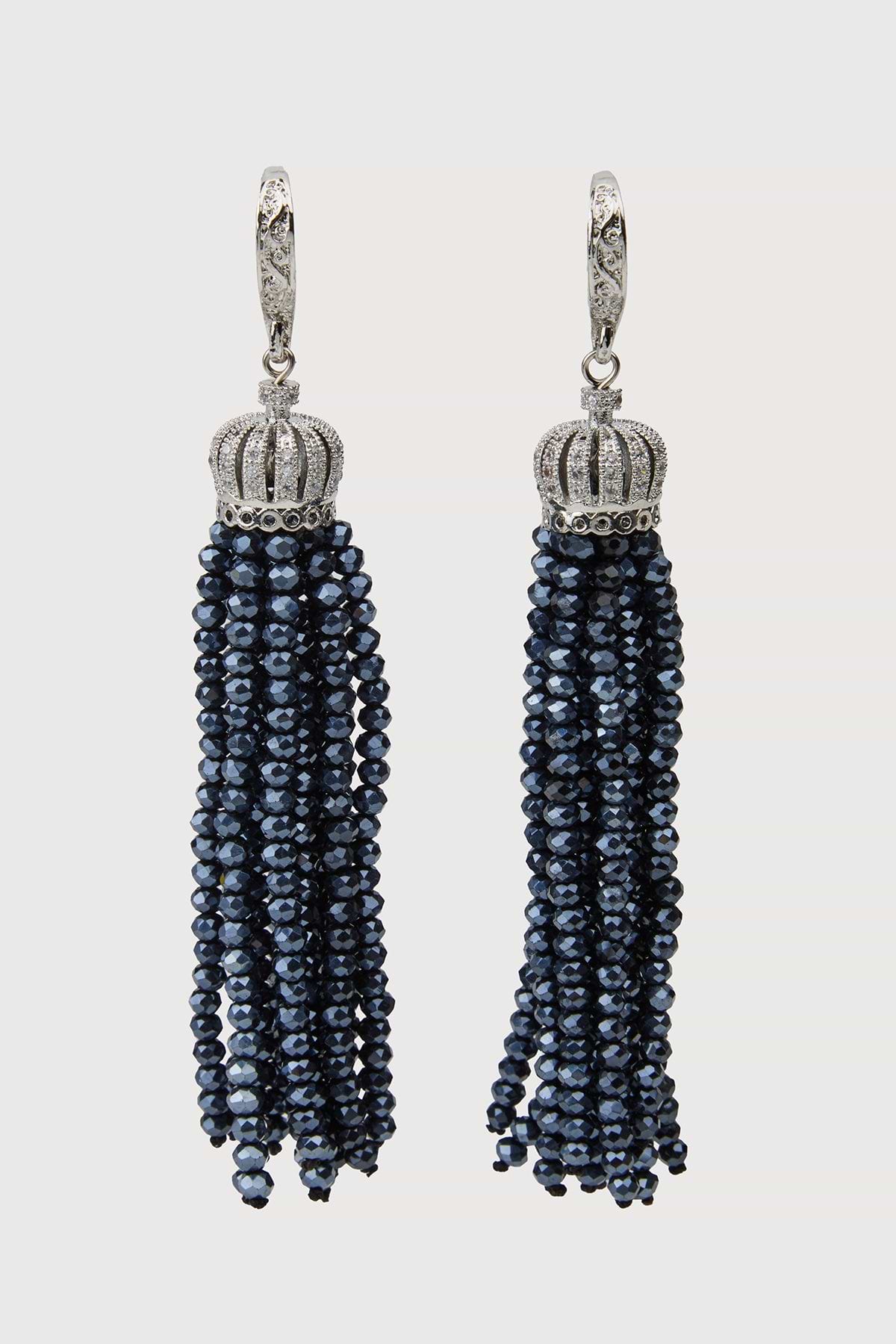 Crown Tassel Drop Earrings - Navy