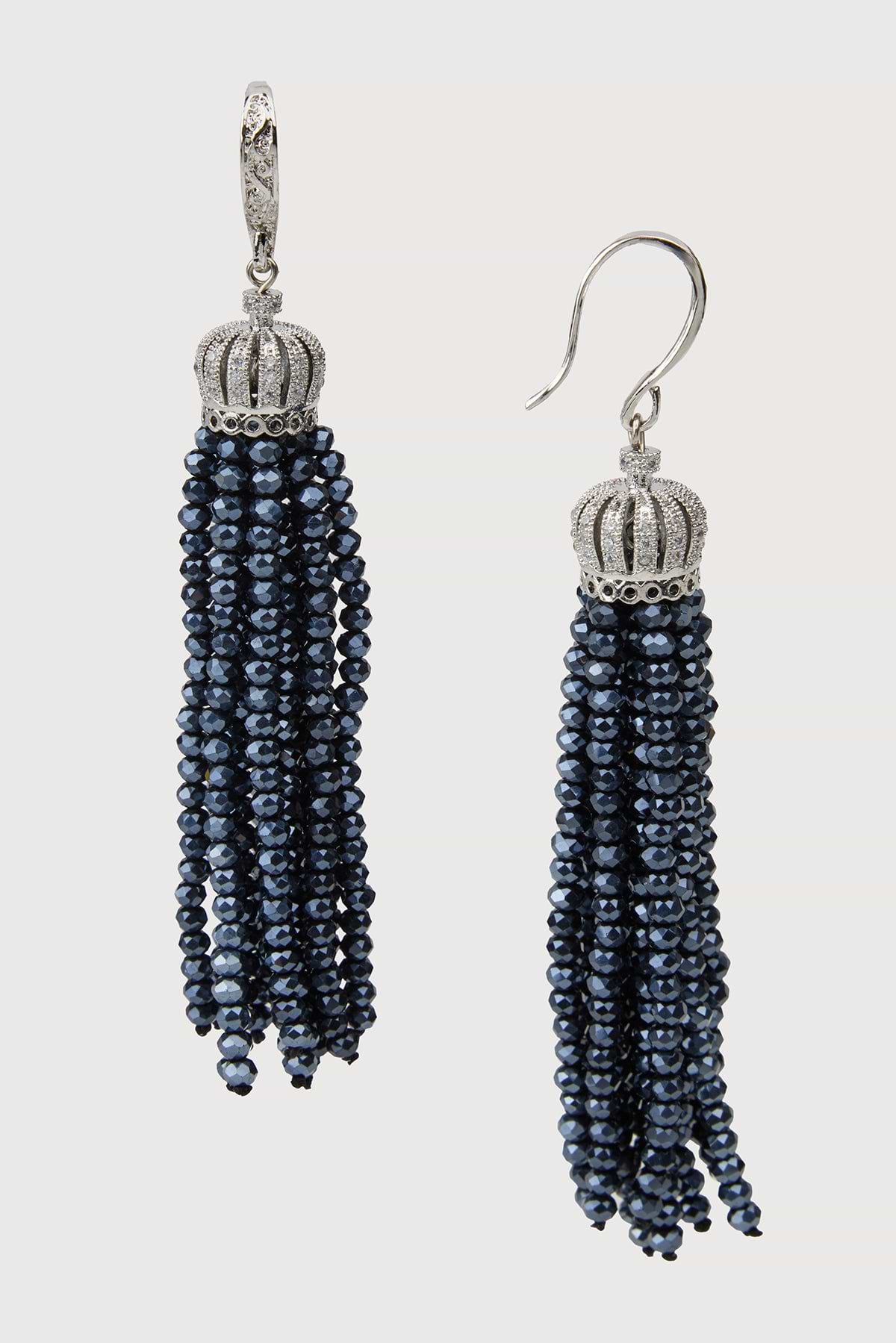 Crown Tassel Drop Earrings - Navy