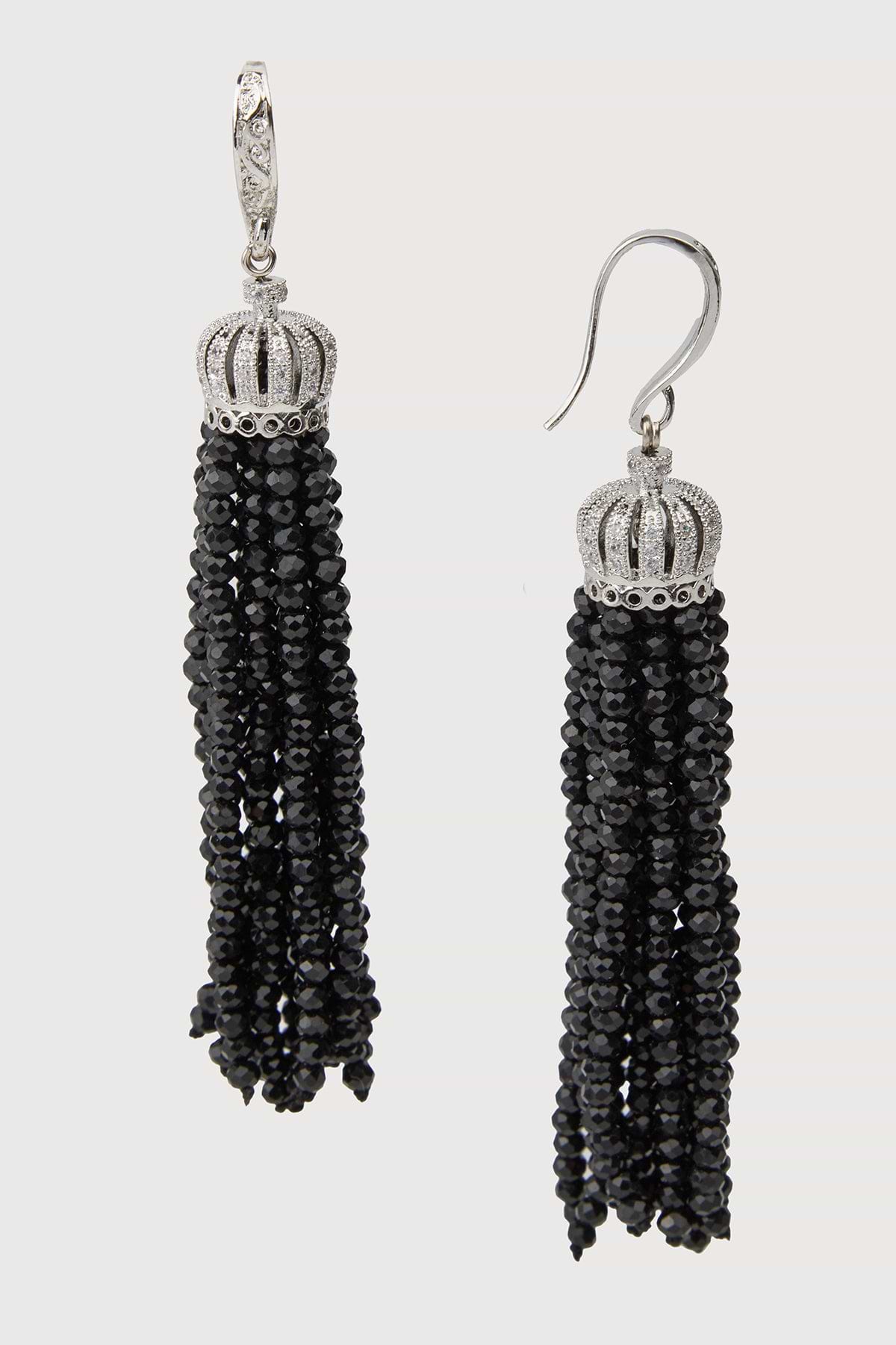 Crown Tassel Drop Earrings - Black