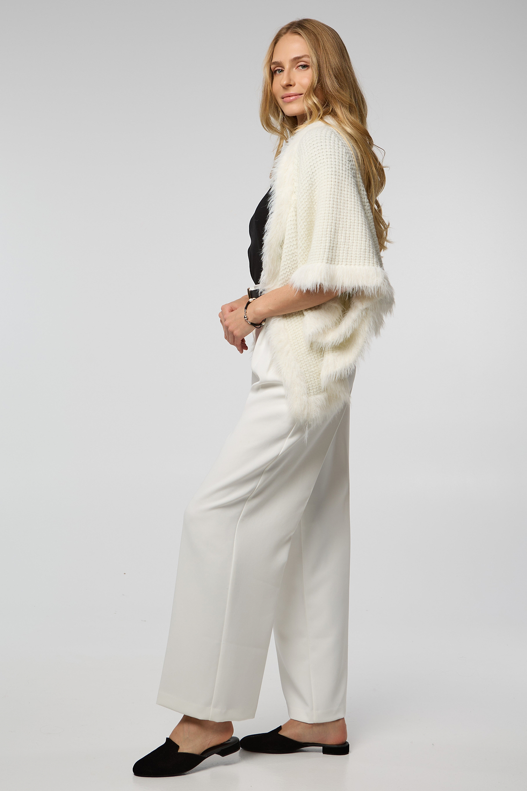 FUR TRIM KNIT OPEN CARDIGAN - White