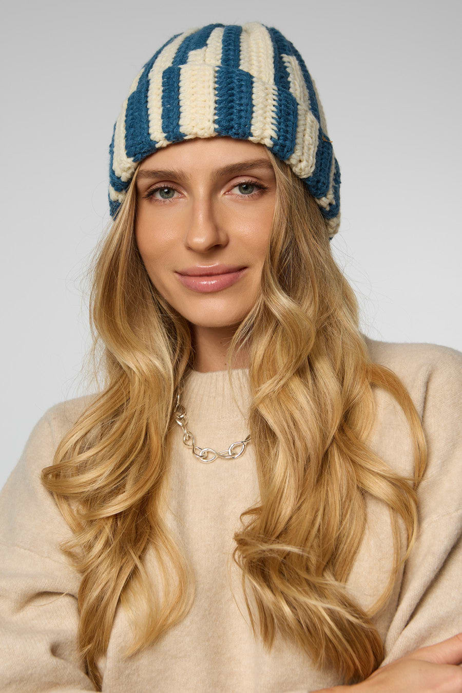 Candy Striped Chunky Beanie - Blue White