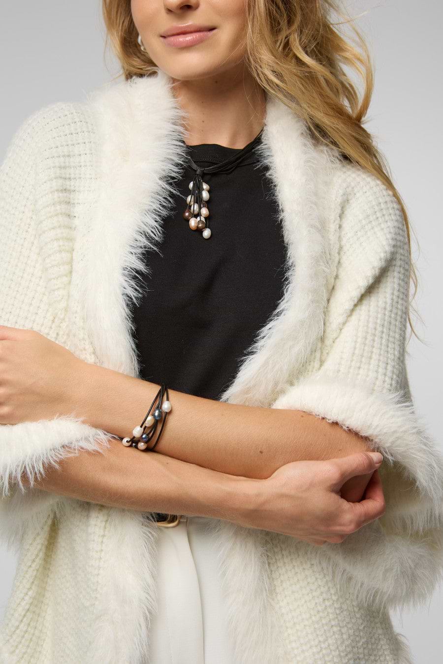 FUR TRIM KNIT OPEN CARDIGAN - White