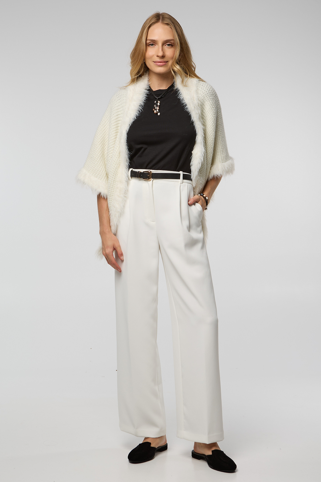 FUR TRIM KNIT OPEN CARDIGAN - White