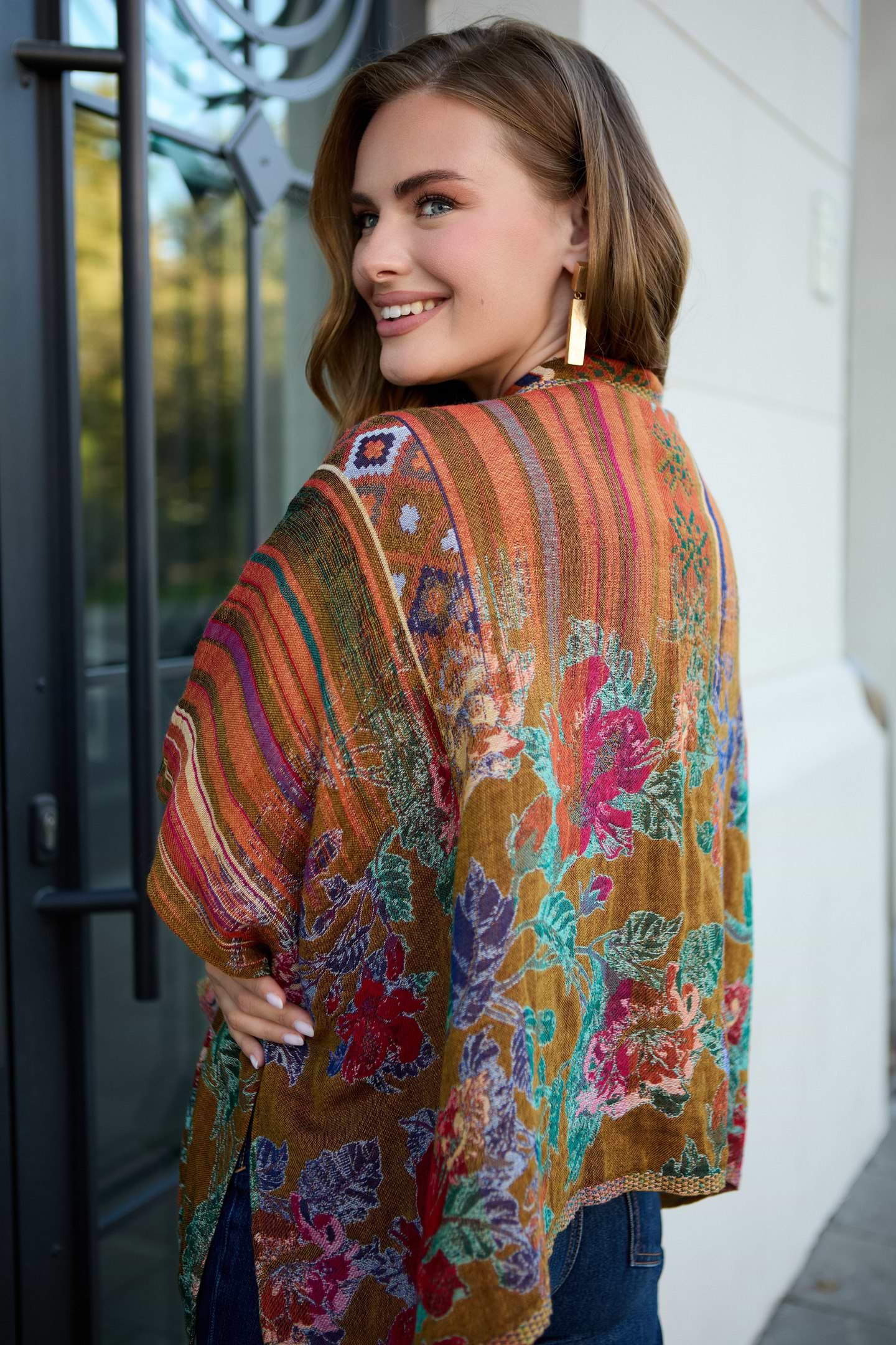 Floral Geometric Short Open Poncho - Light Multi