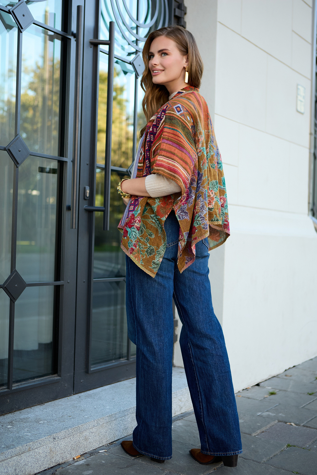 Floral Geometric Short Open Poncho - Light Multi