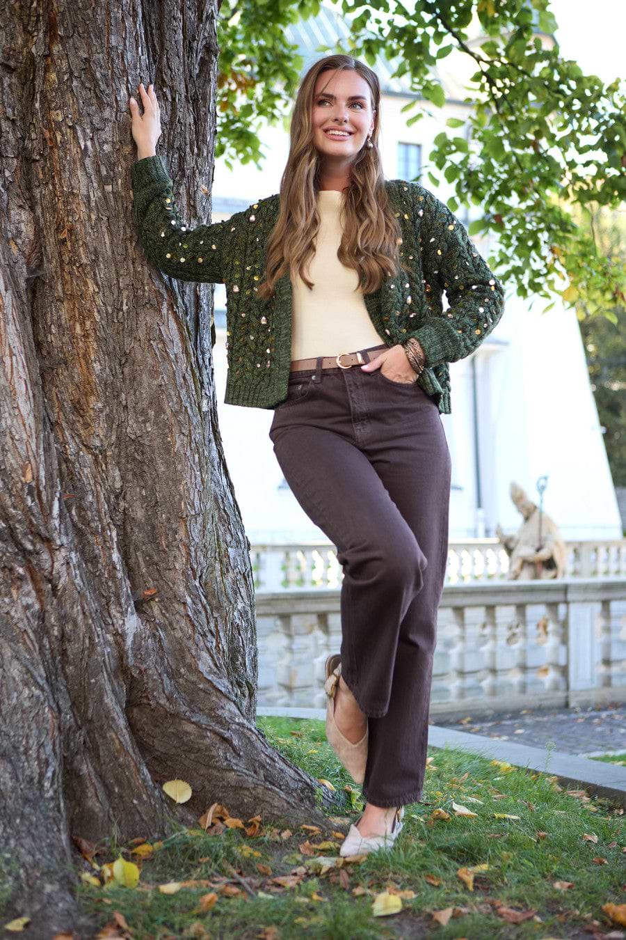 Deco Cable Knit Cardigan - Moss