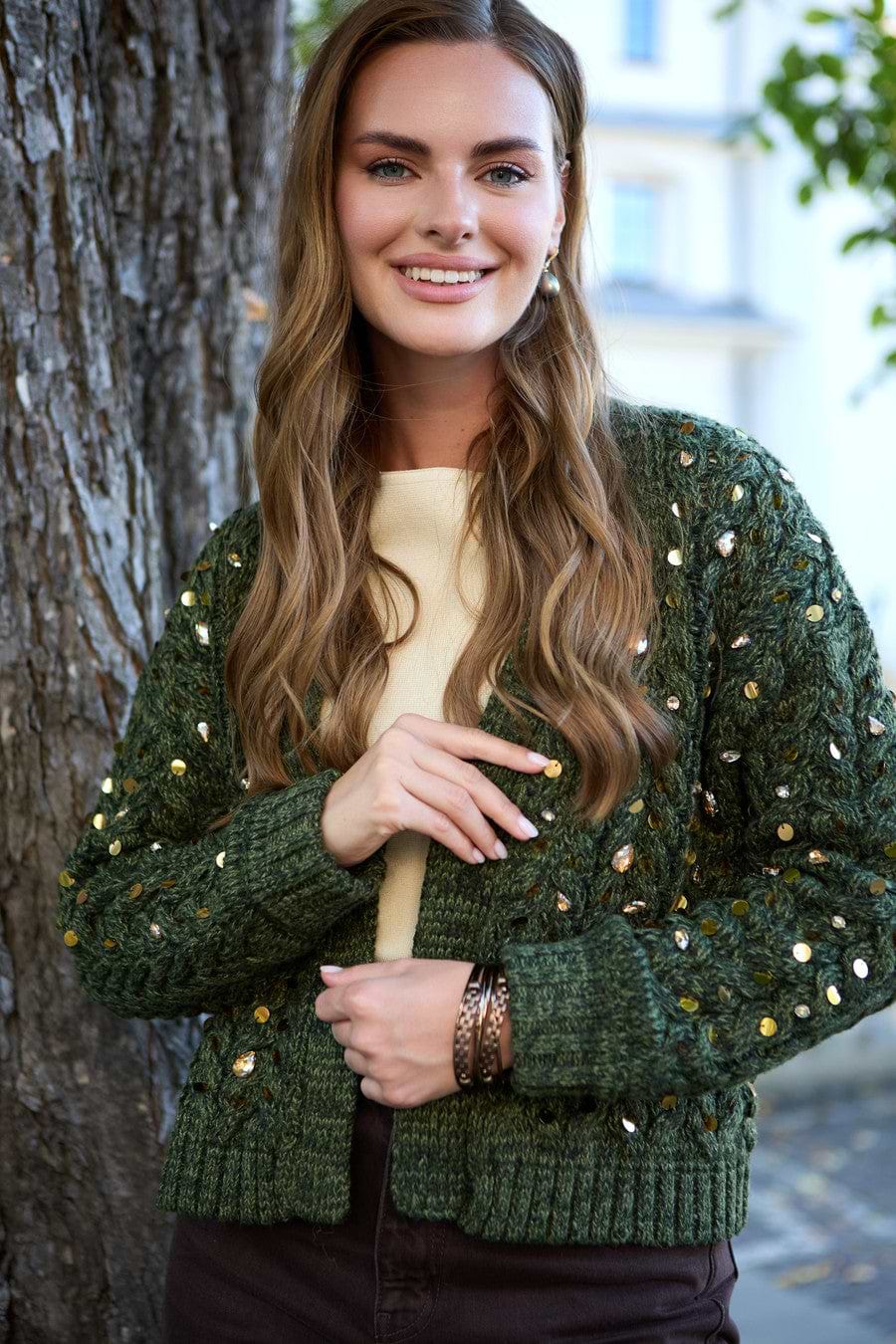 Deco Cable Knit Cardigan - Moss