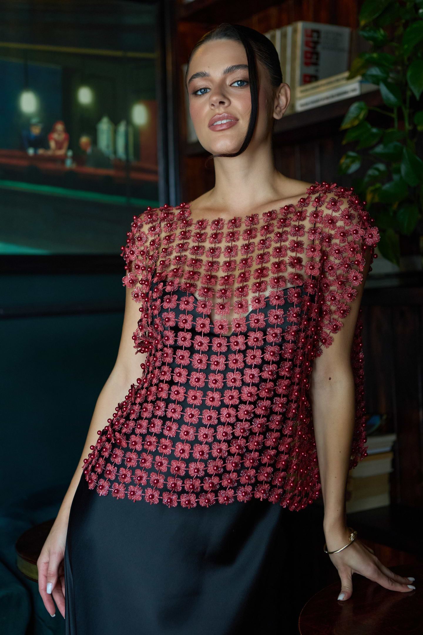 Floral Shell Pearl Capelet - Burgundy