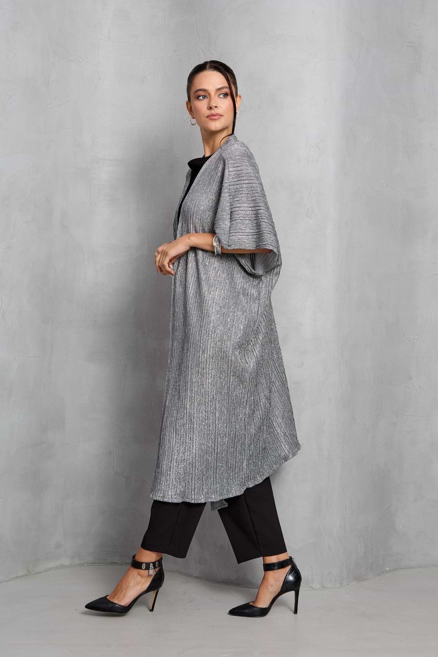 Pleated Metallic Kimono - Gunmetal