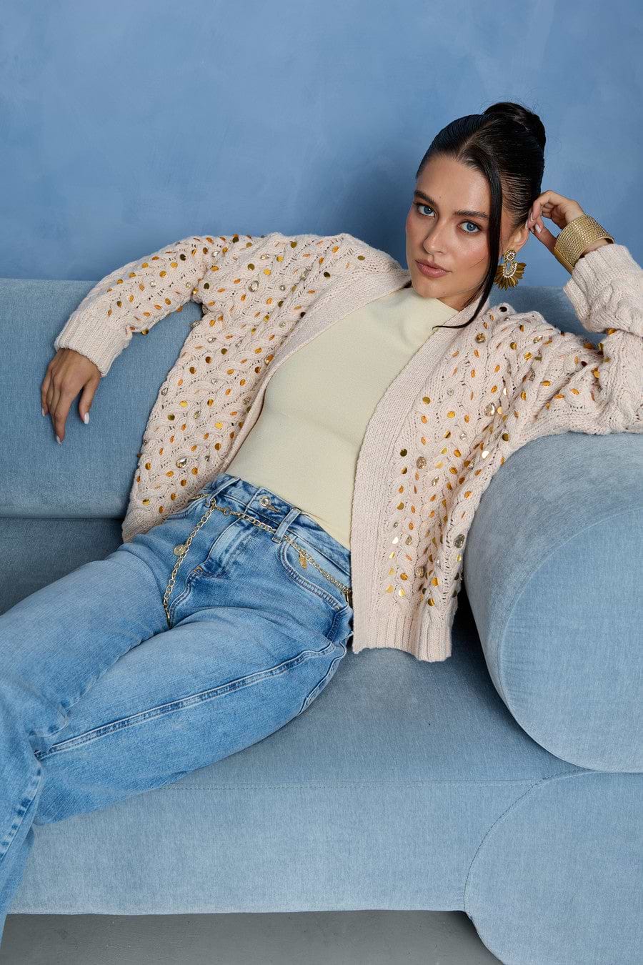 Deco Cable Knit Cardigan - Cream