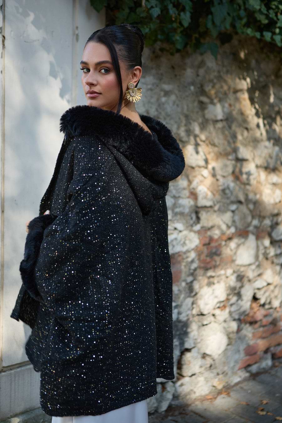 Sequin Kimono Faux Fur Hood - Black