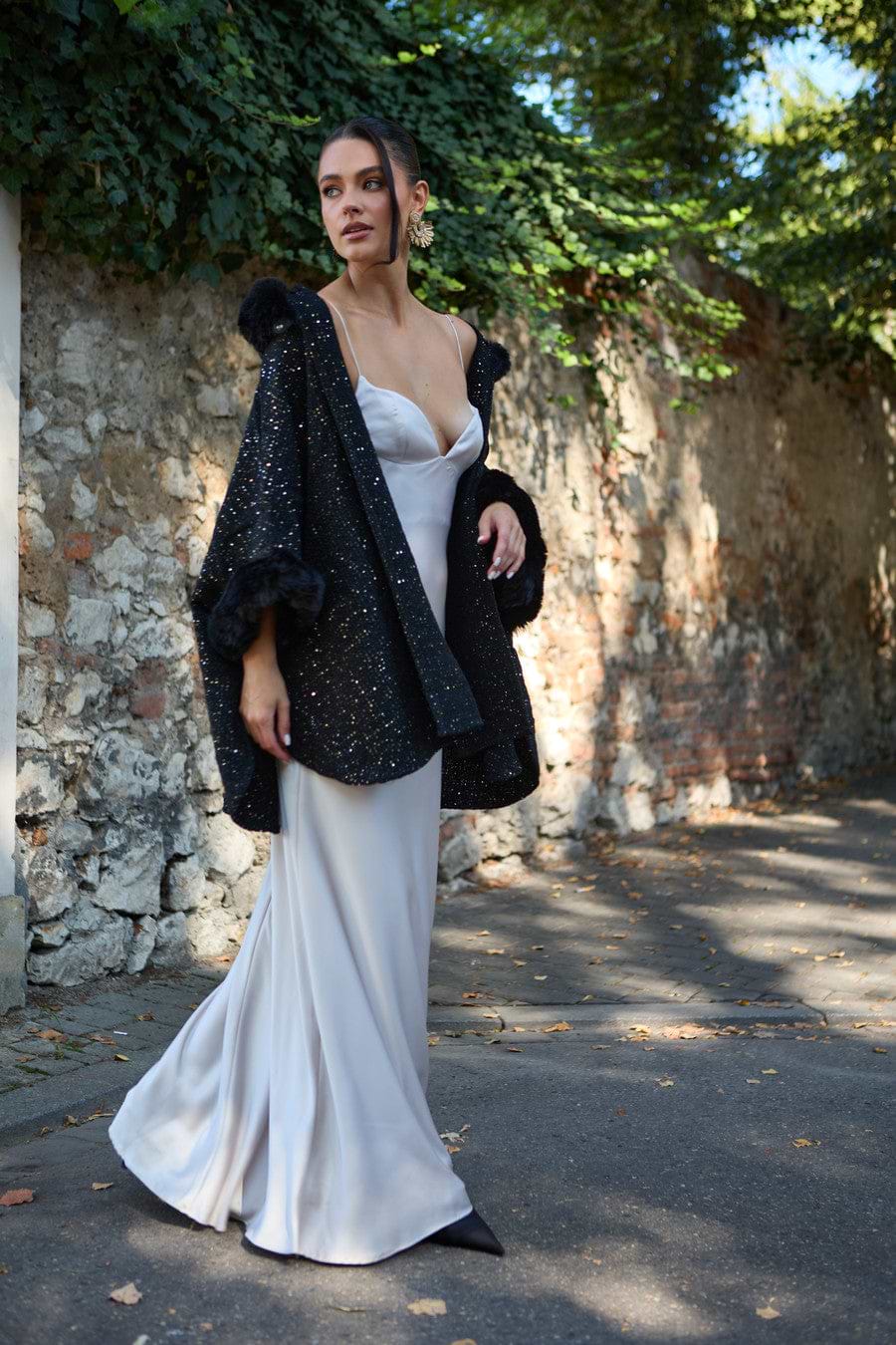 Sequin Kimono Faux Fur Hood - Black