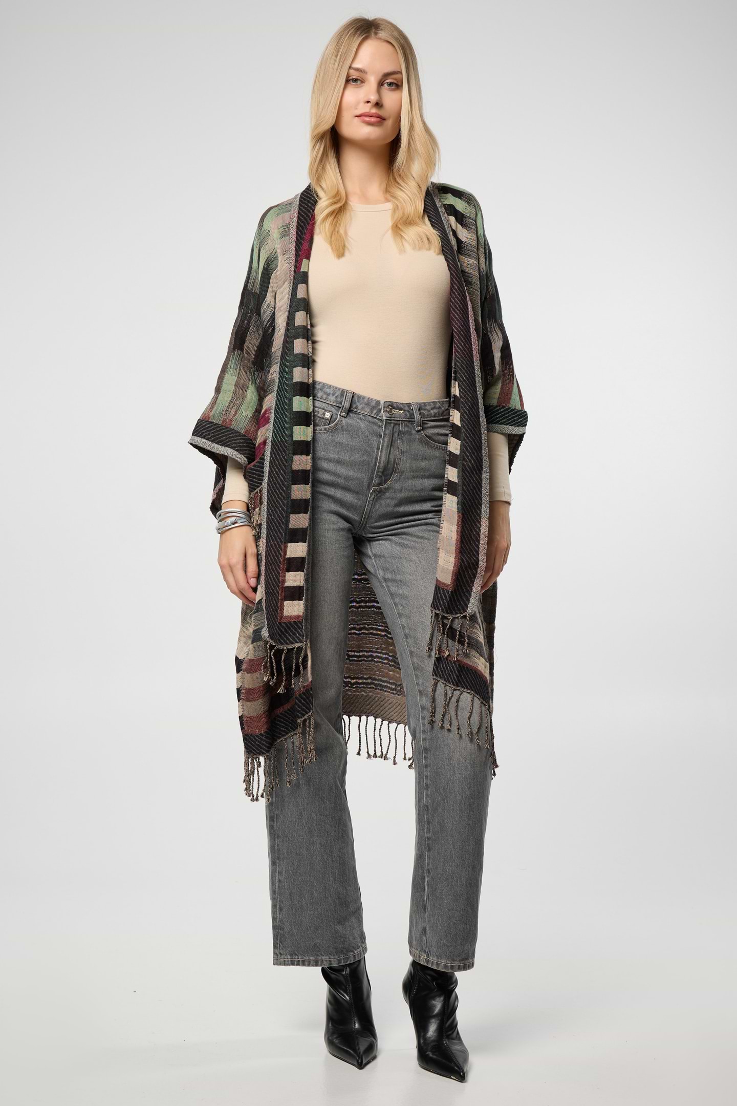 Cotton Retro Striped Fringe Long Jacket - Gray
