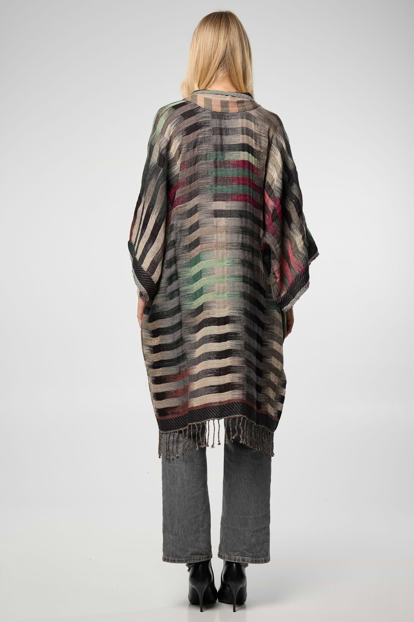 Cotton Retro Striped Fringe Long Jacket - Gray