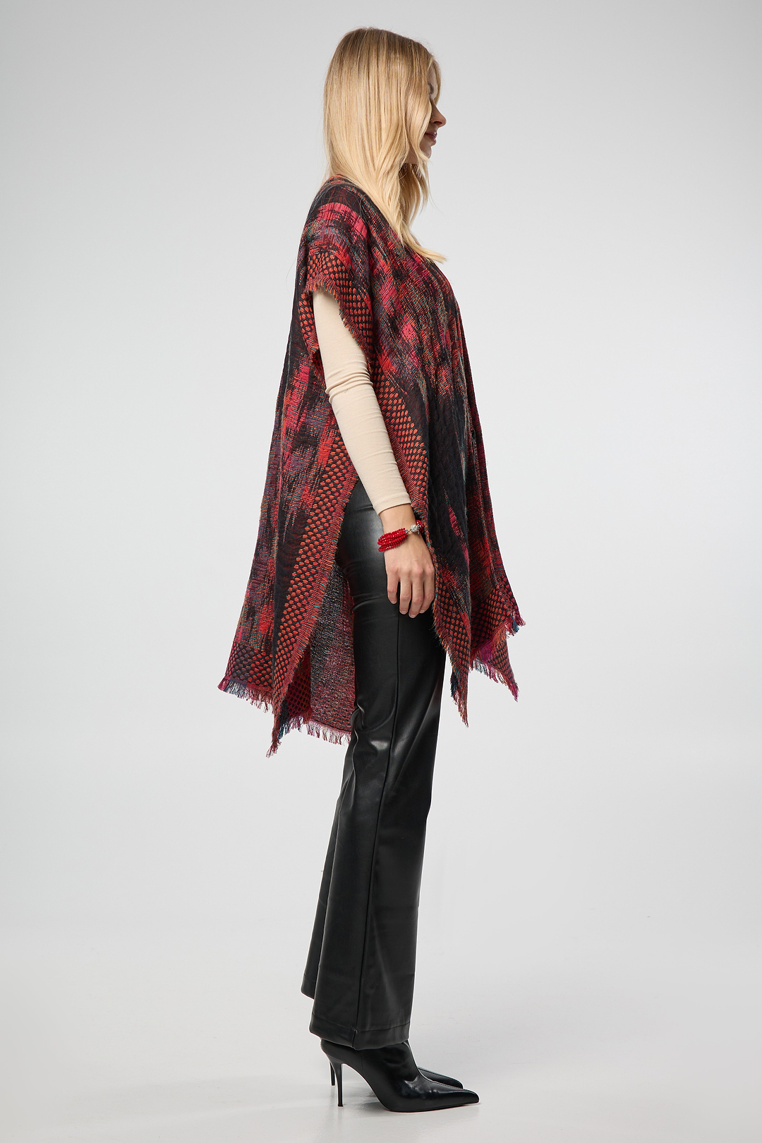Woven Fringed Kimono - Dark Red