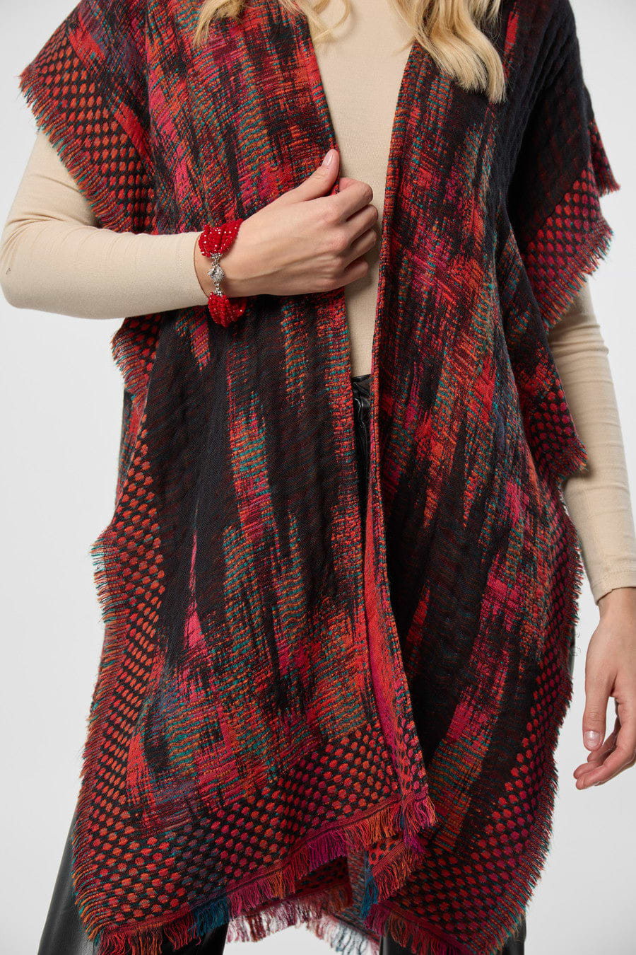 Woven Fringed Kimono - Dark Red