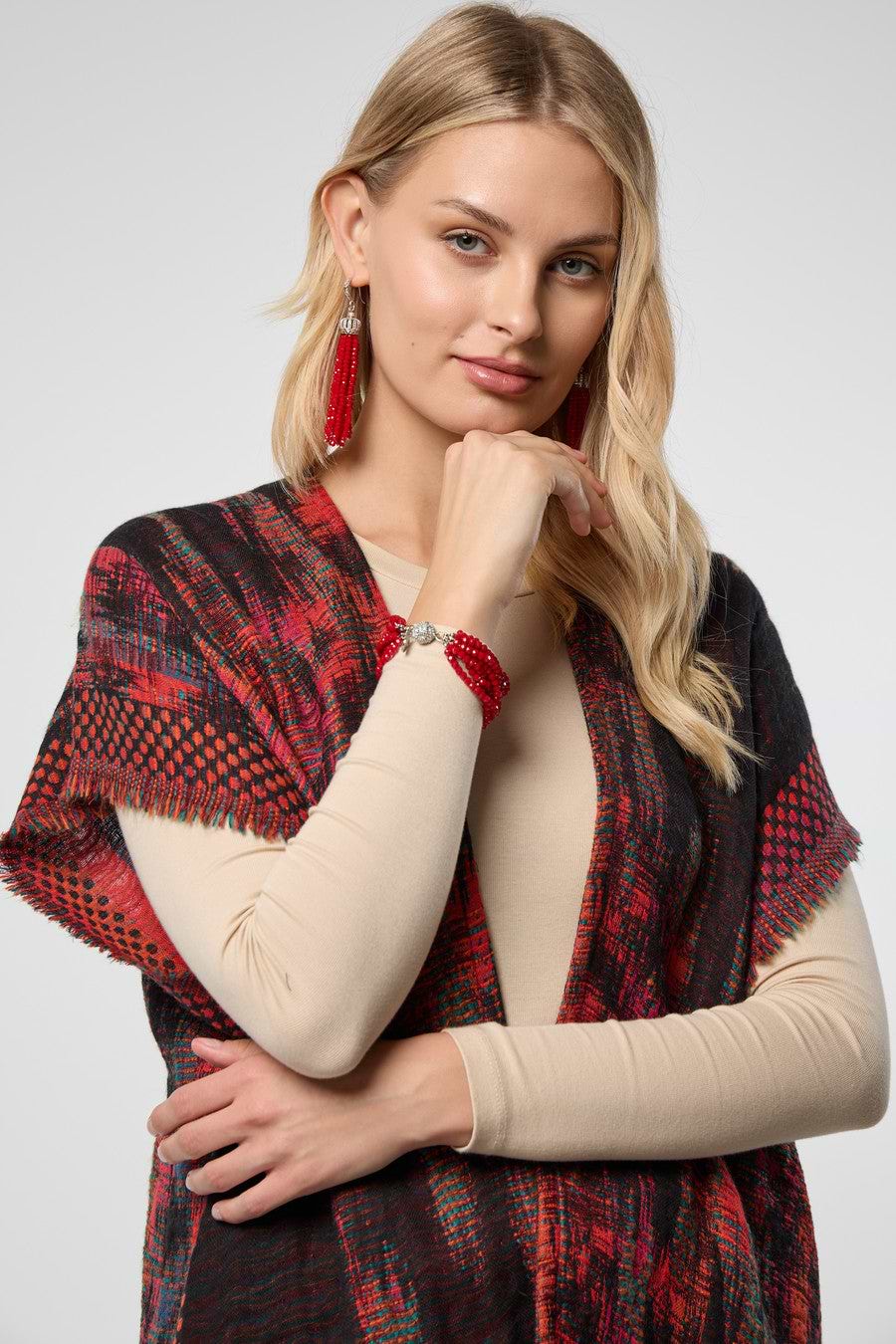 Woven Fringed Kimono - Dark Red