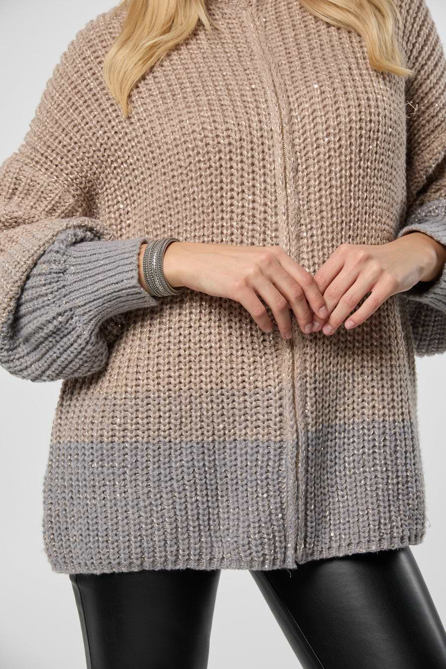 Zip Up Sequin Cardigan - Beige