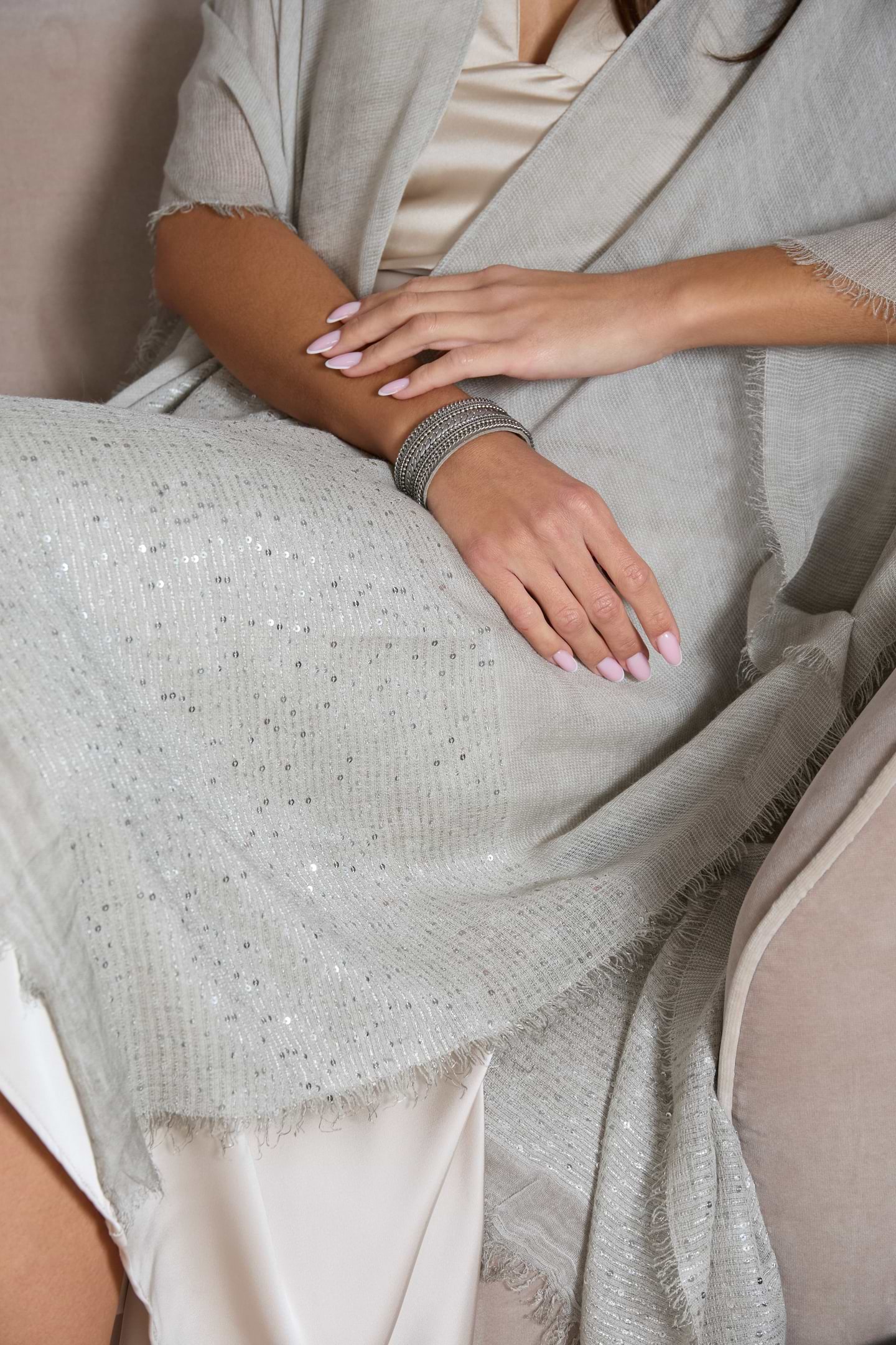 Fringed Sequin Kimono - Light Gray