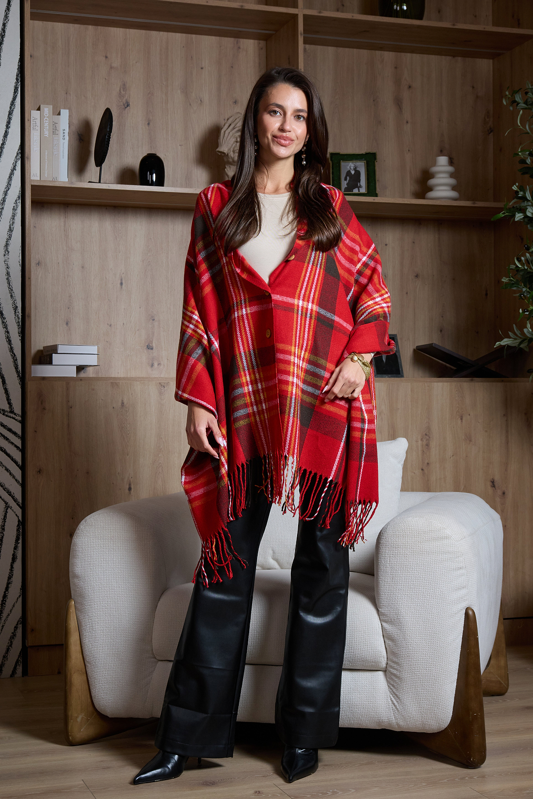 Plaid Tassel Buttoned Poncho - Red