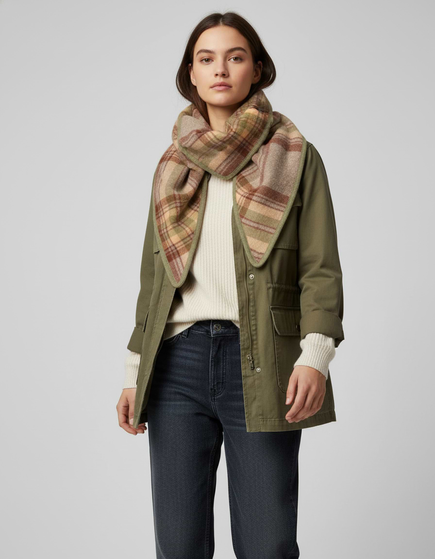 Plaid Wool Triangle Scarf - Grey