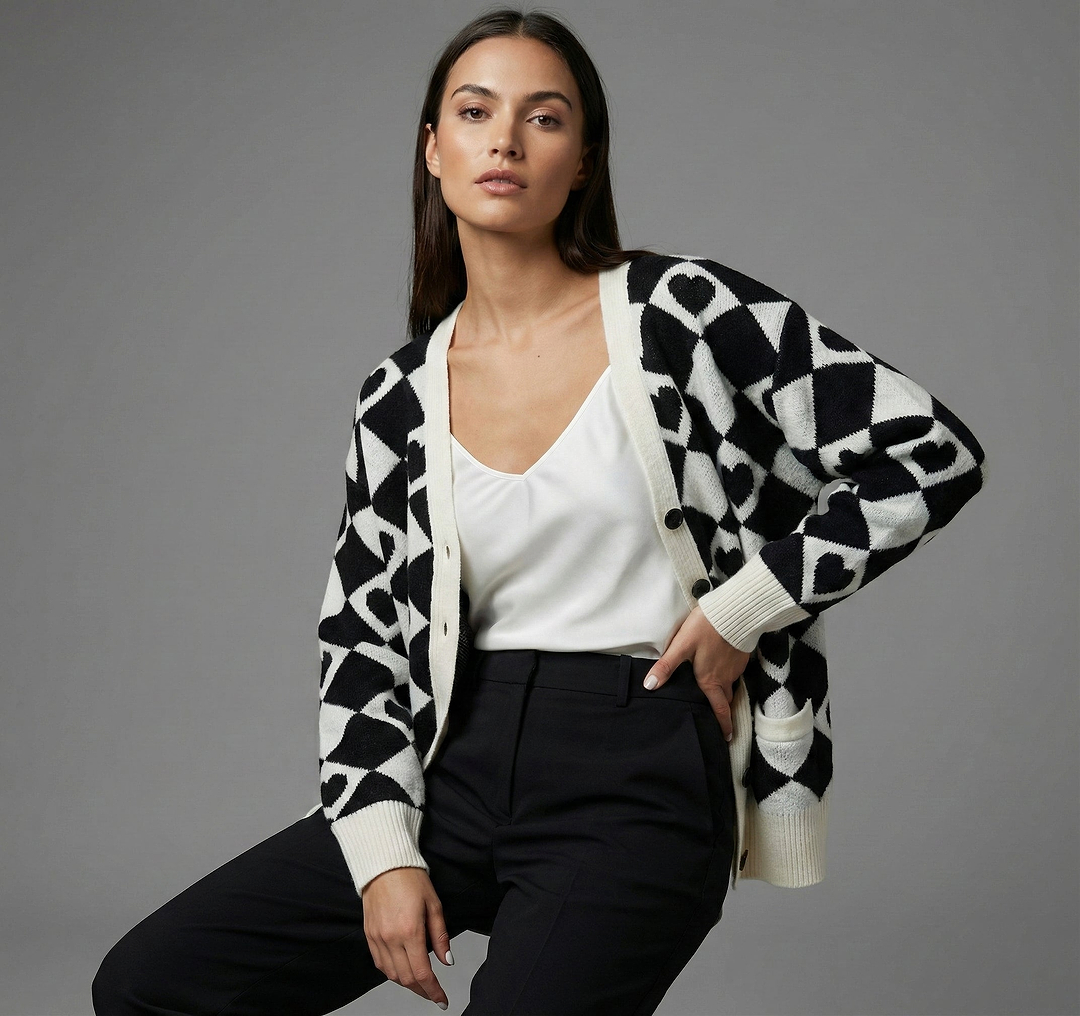 Checkered Hearts Cardigan - Black