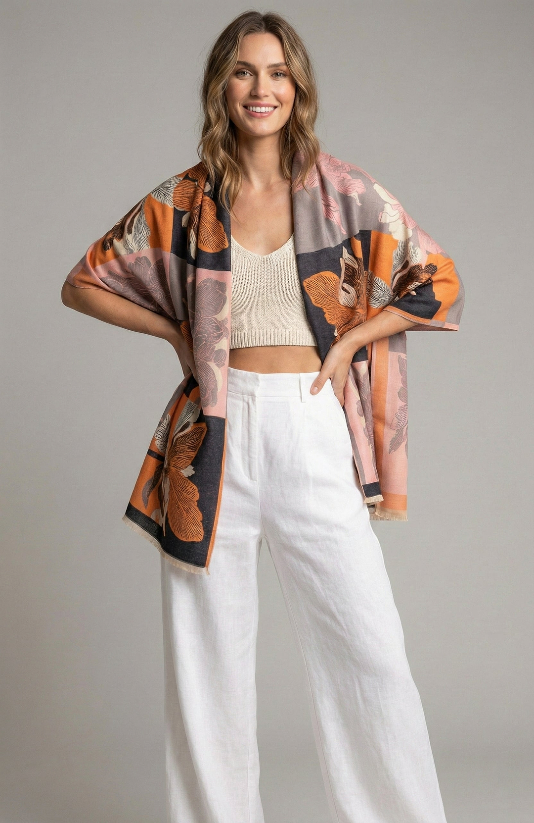 Flower Block Reversible Scarf - Sandy Brown