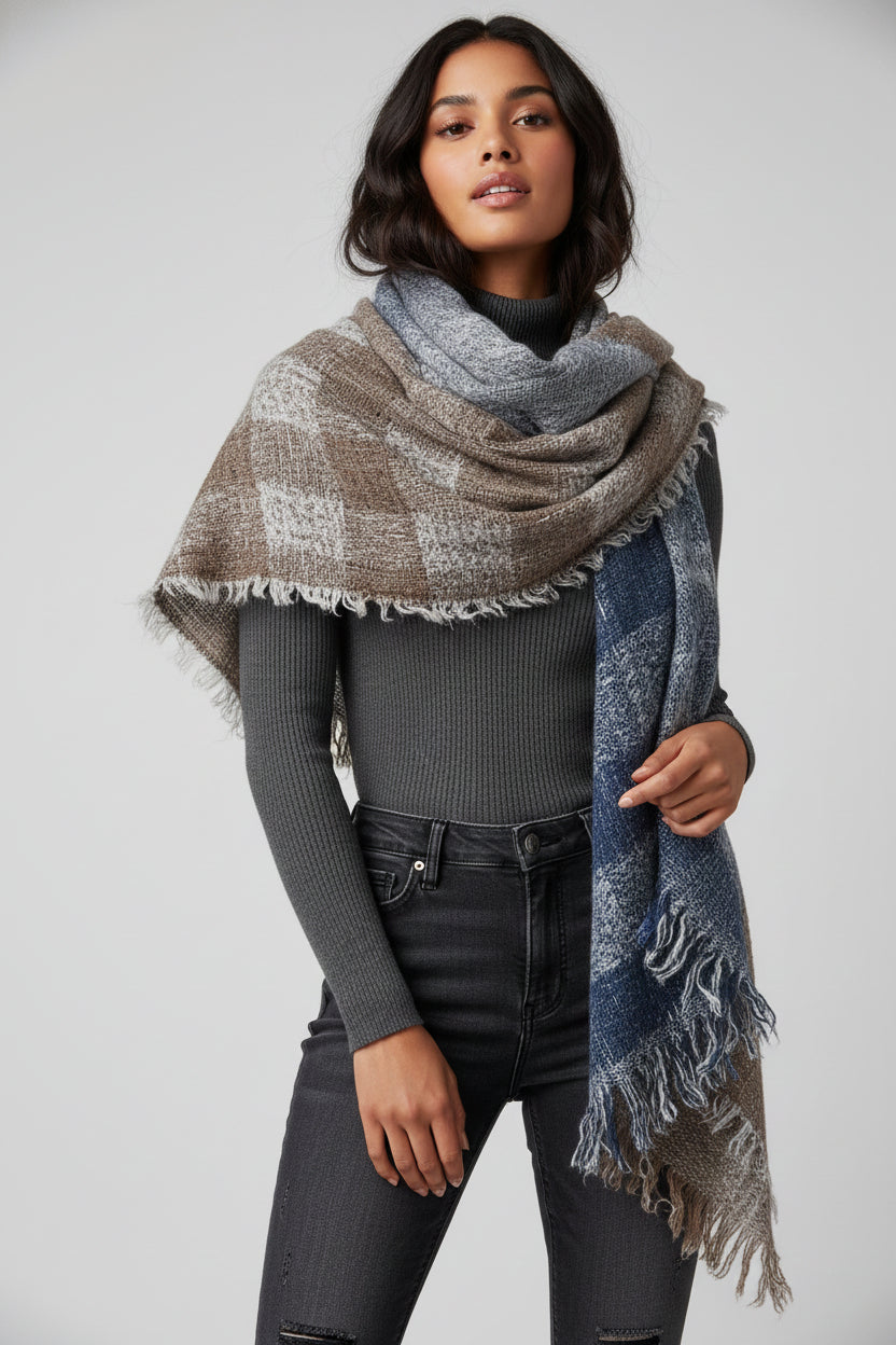 Striped Fringed Ombre Scarf - Gray