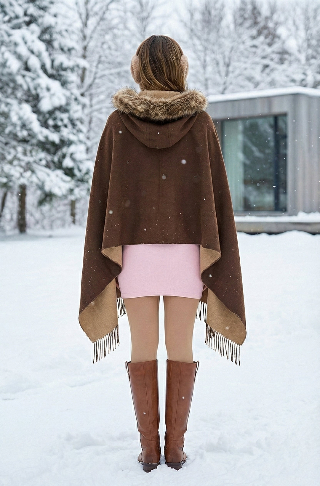 Fringe Fur Hood Scarf - Brown
