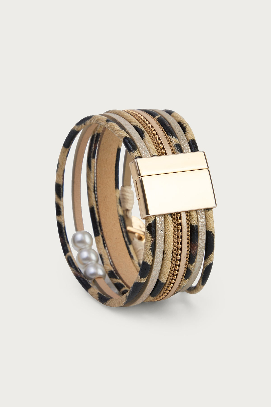 Animal Print Cord Leather Bracelet - Beige