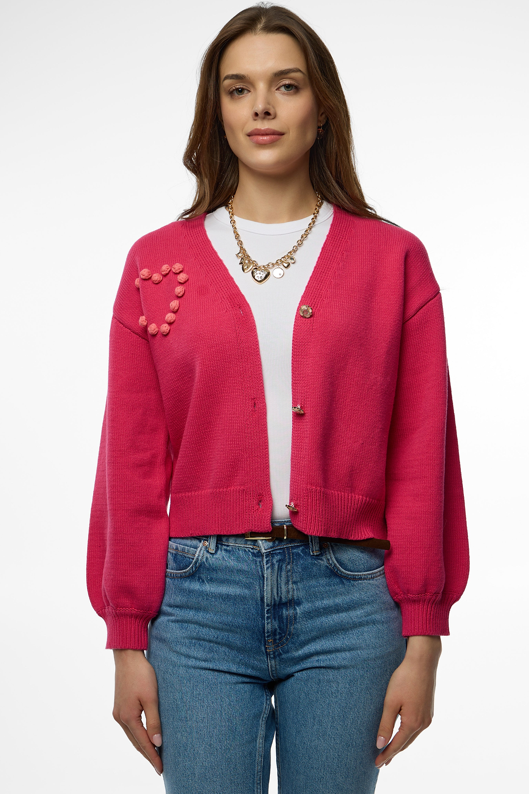 Heart Pom Pom Cardigan - Hot Pink