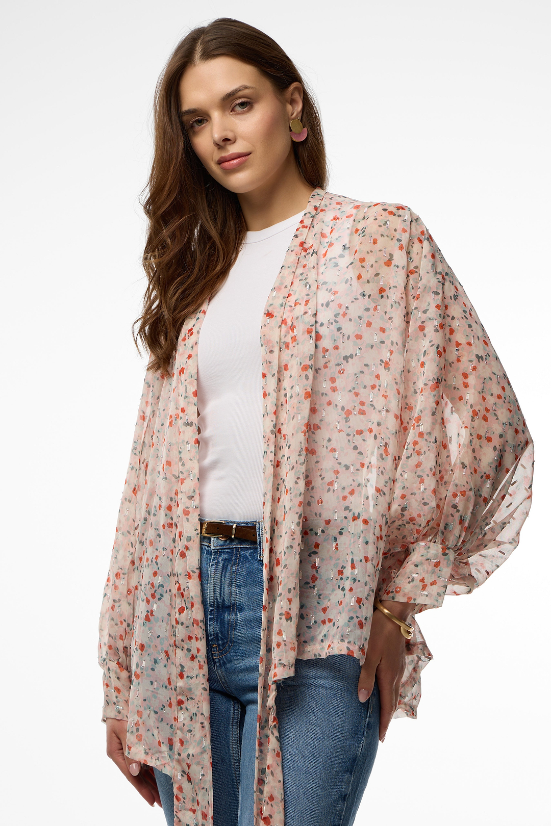 Tie Front Floral Kimono - Lavender Blush