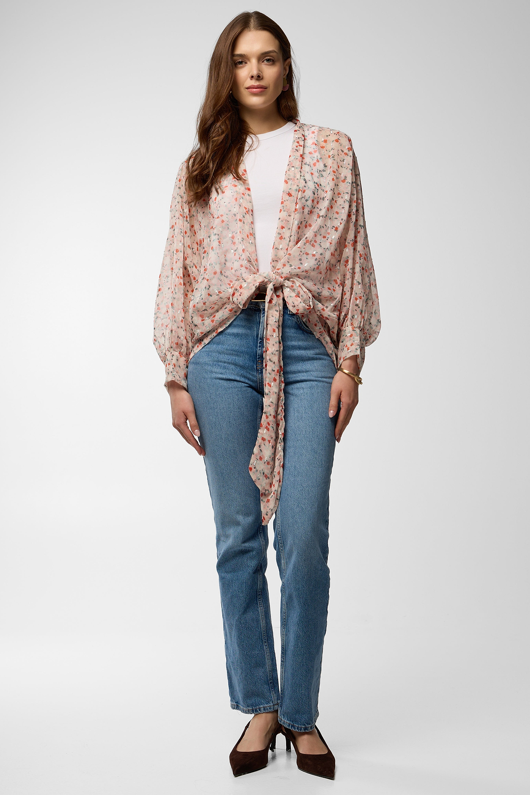 Tie Front Floral Kimono - Lavender Blush