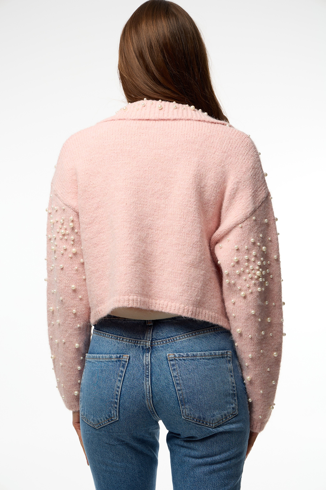 Pearl Collared Open Cardigan - Light Pink