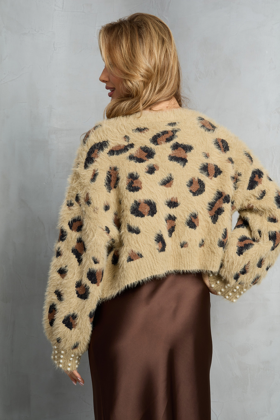 Animal Print Pearl Cardigan - Brown