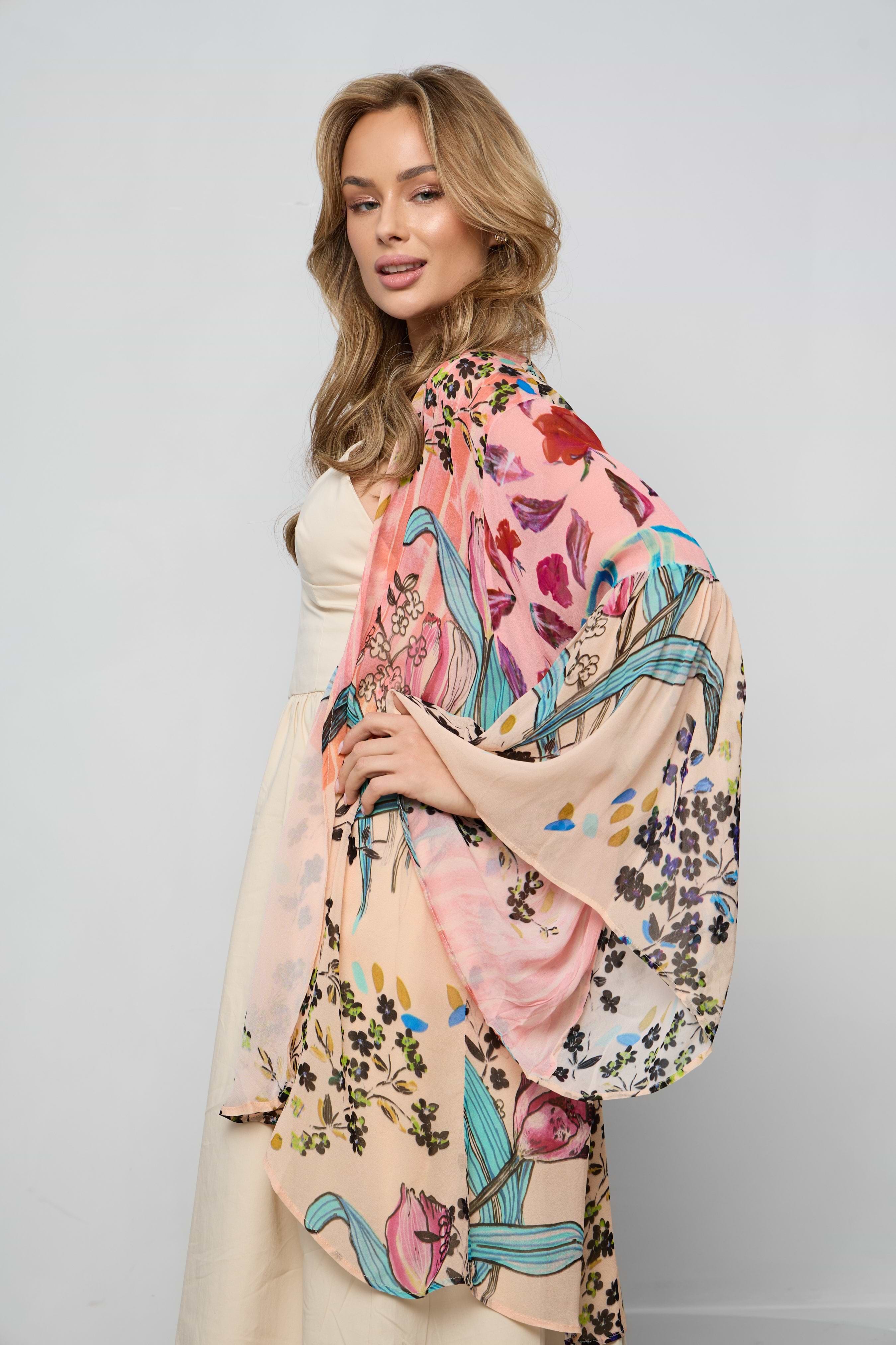 Mystical Garden Ruffle Sleeve Kimono in Pink | SAACHI