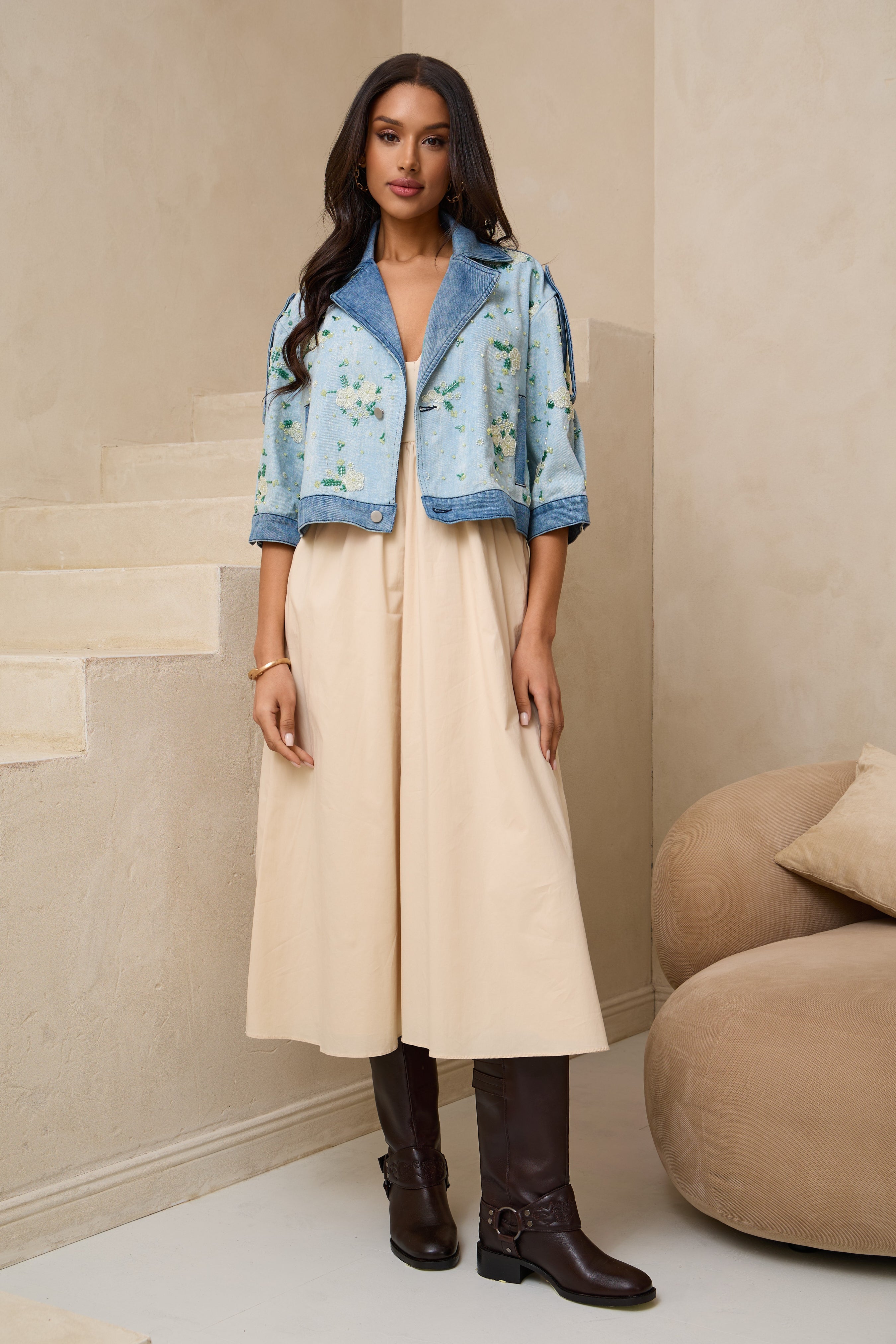 Flower Beaded Short Denim Jacket – SAACHI