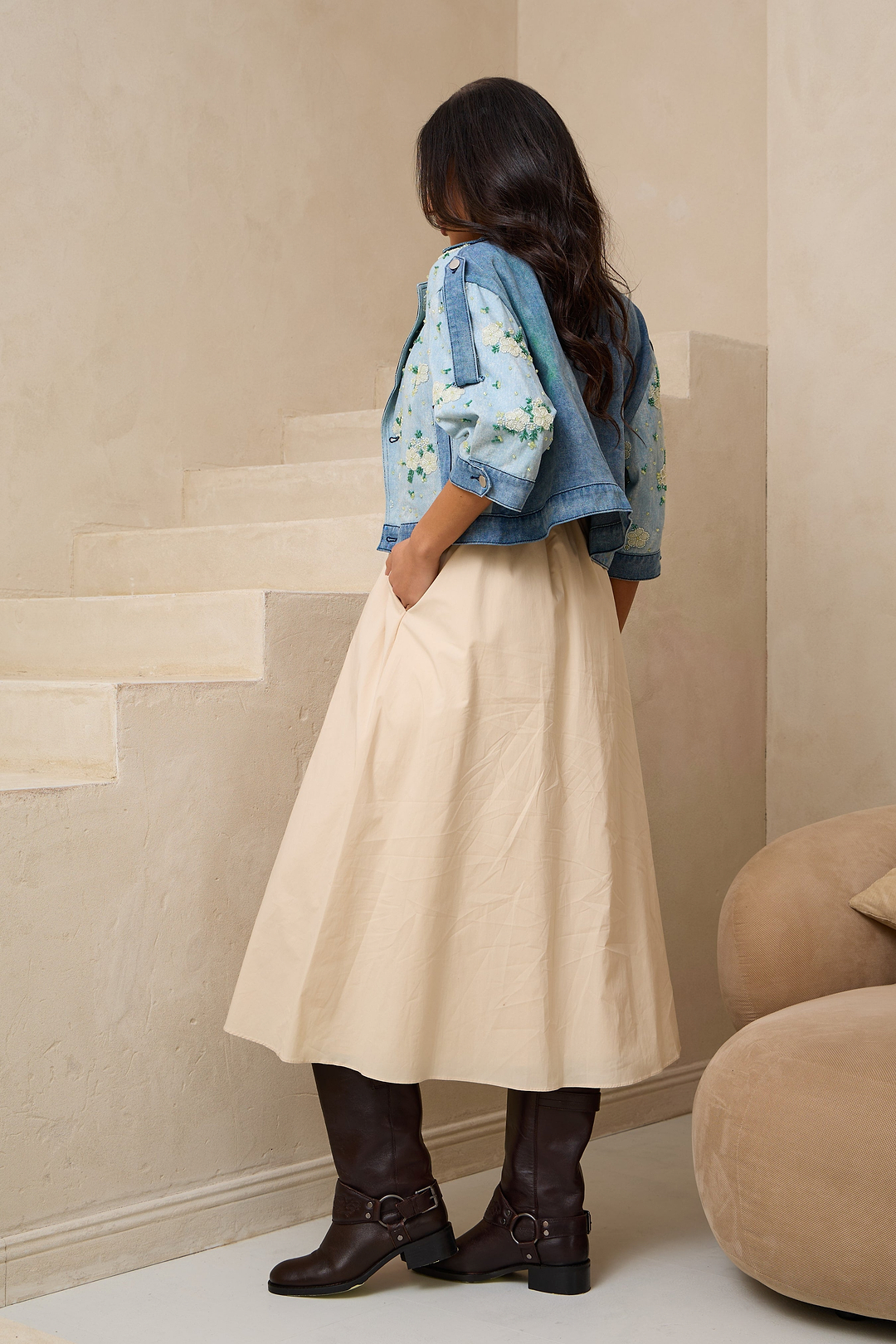 Flower Beaded Short Denim Jacket