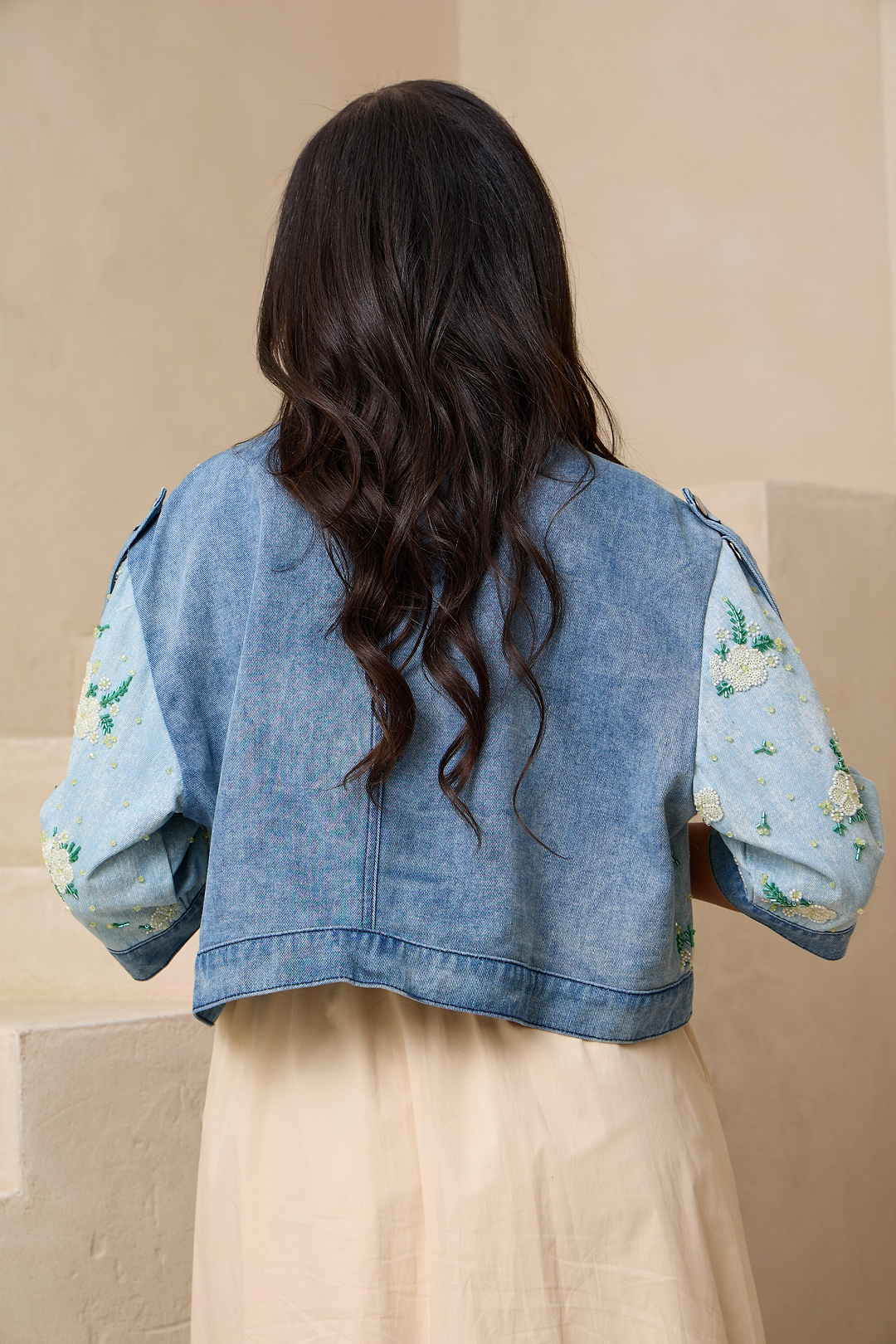 Flower Beaded Short Denim Jacket