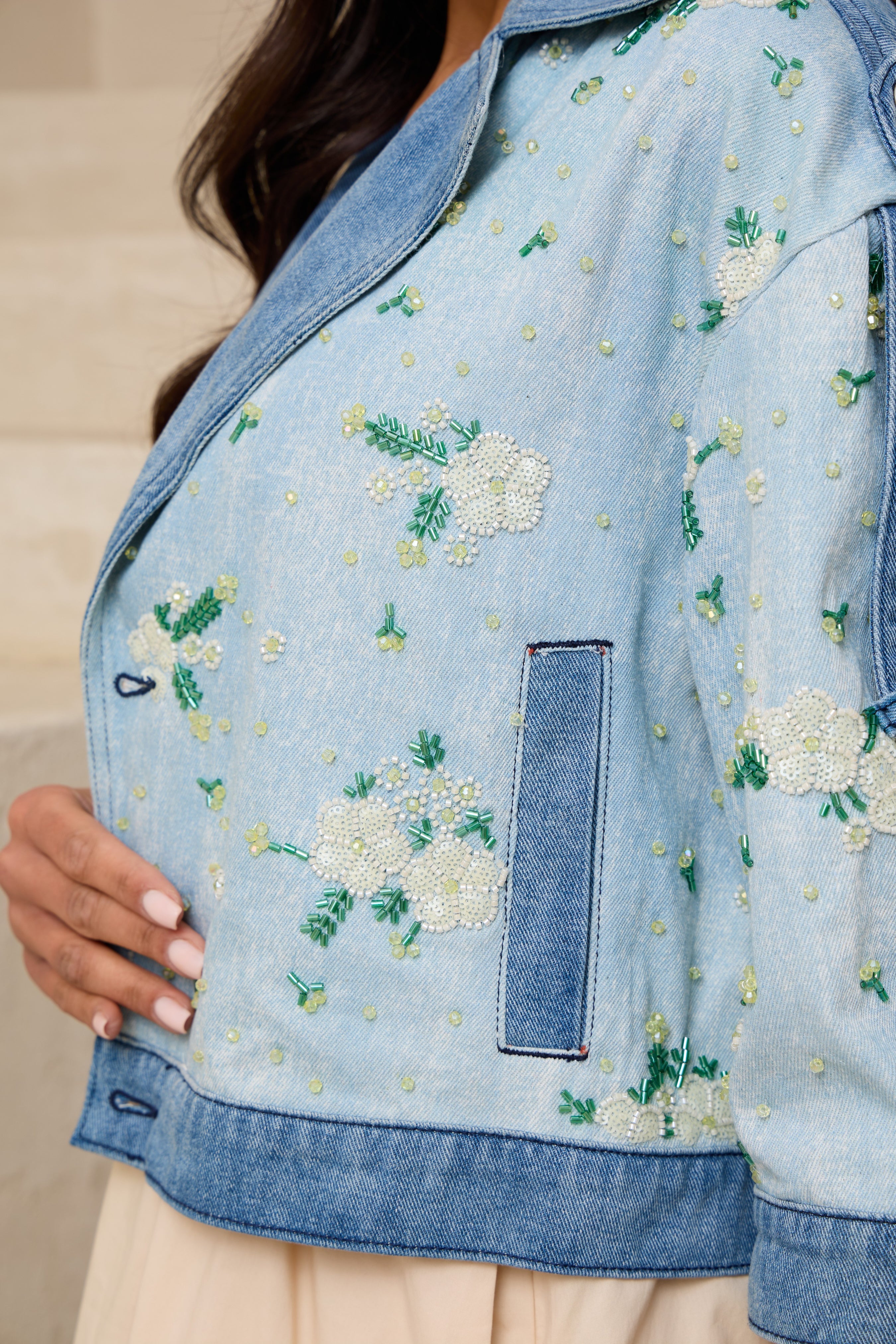Flower Beaded Short Denim Jacket – SAACHI